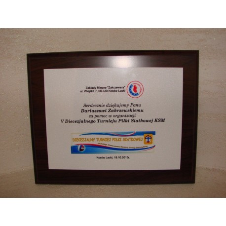 Dyplom, podziękowanie, certyfikat, drewniany z nadrukiem kolor, 20x25cm